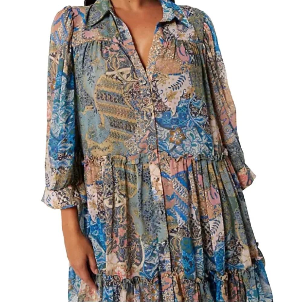 MISA Los Angeles Mita Patchwork Printed Shirtdress Size Medium Trendy Festival